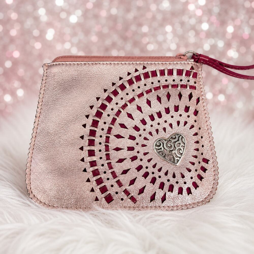 Brighton Metallic Pink Heart Zip Wallet Coin Pouch Wristlet